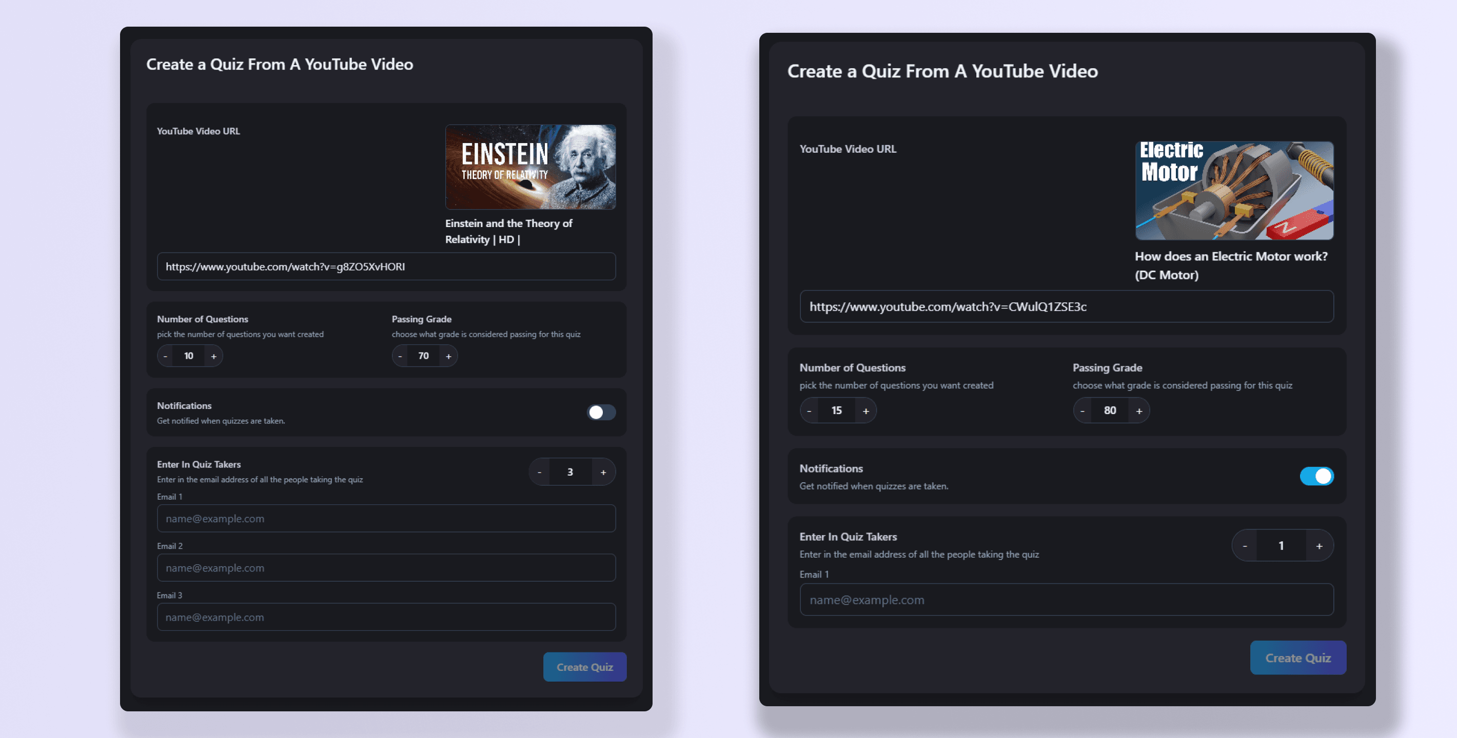 AI quiz creation feature